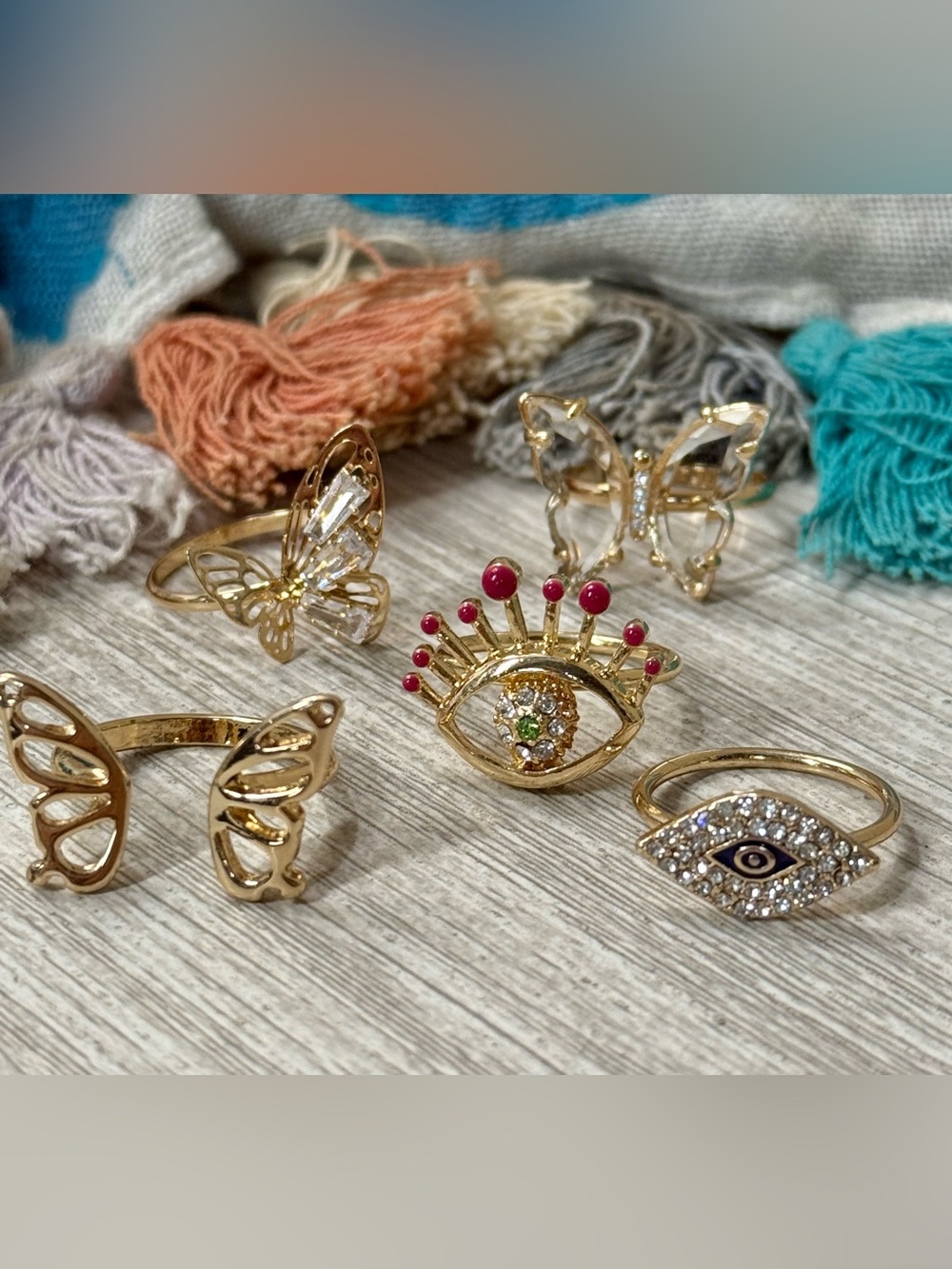 Gold Tone Evil Eye & Butterfly Ring Set with Pink Accents